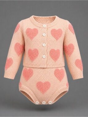 Soft Pink Heart Knit Two-Piece Baby Set size 3m Denim Bay